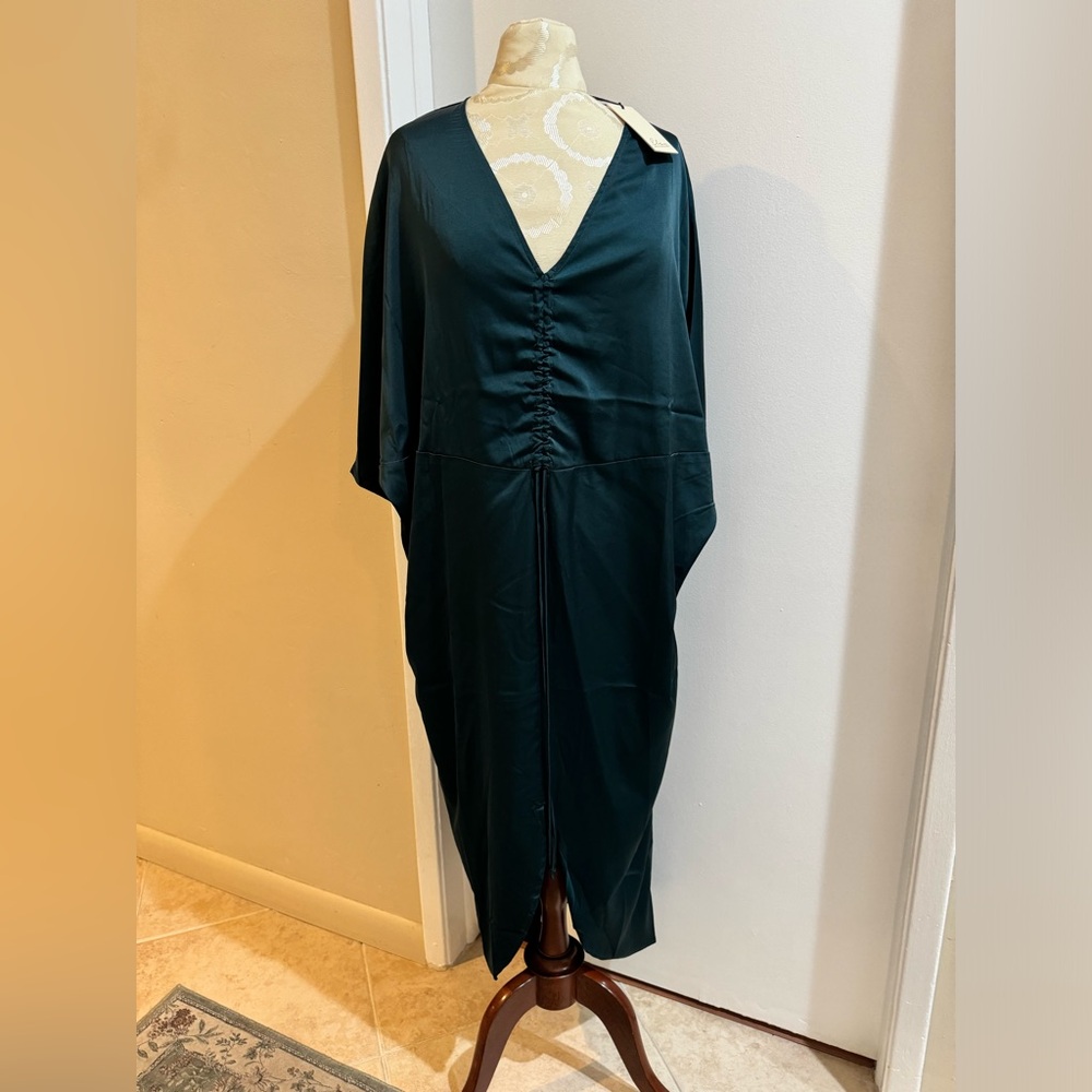 Elan Forest Green Dark Teal Cinched Deep V Neck Dolman Sleeves S NWT